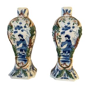 Pair Of 18th Century Delft Earthenware Polychrome Vases
