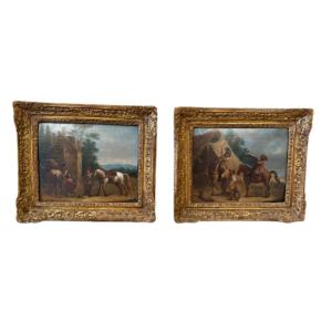 Pair Of Paintings On Wood Panels Depicting Two 18th Century Country Scenes.