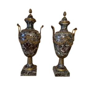 Pair Of Urns In Sea Green Marble And Patinated Bronze In The Louis XVI Style