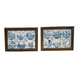 A Pair Of Natural Wood Frames Presenting A Set Of Twelve 18th Century Delft Tiles.