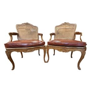 Pair Of Regency Period Caned Armchairs In Finely Carved Beechwood