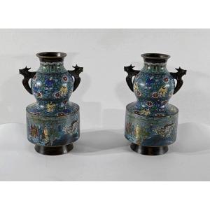 Pair Of Vases In Cloisonne Enamels, Japan - 2nd Part Nineteenth