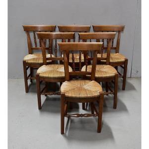Suite Of 6 Straw Chairs In Blond Cherry - 2nd Half Of The Nineteenth