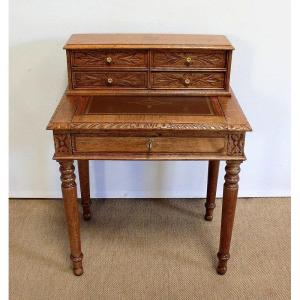 Rare Small Children's Desk With Step In Solid Oak - Late Nineteenth