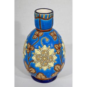 Small Vase Decorated With Flowers In Longwy Enamels - Early Twentieth