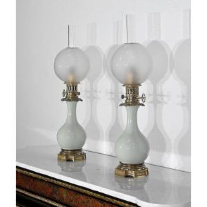 Pair Of Oil Lamps In Celadon And Bronze, Napoleon III Period - Mid-19th Century