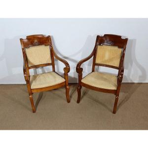 Pair Of Armchairs With Crosses In Walnut, Restoration Period - 1st Part Of The Nineteenth