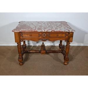 Game Table In Solid Walnut And Incarnat Turquin Marble, Louis XIII Taste - Early Twentieth