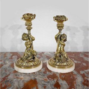 Pair Of Candlesticks In Gilt Bronze, Napoleon III Period - Mid-19th Century