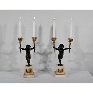 Pair Of Candlesticks In Bronze And Marble - 1st Part Of The Nineteenth