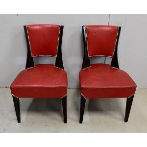 Pair Of Chairs In Macassar Ebony And Red Leather - 1930s