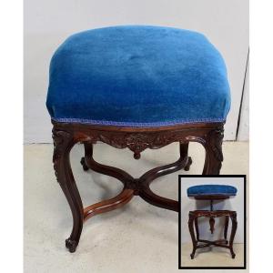 Stool In Blue Velvet And Rosewood, Adjustable Height, Louis XV Style, Napoleon I Period