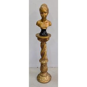Bust Of A Girl And Twisted Column, In Golden Plaster - 1900/1920