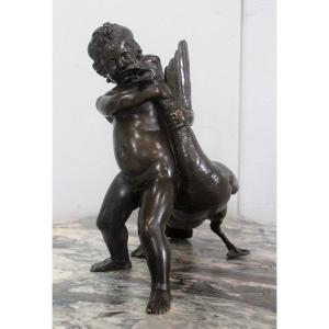 Bronze Of A Cherub Holding A Goose, By A. Collas - Nineteenth