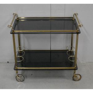 Rolling Service Table In Brass And Smoked Glass - 1970