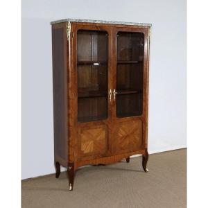Petite Vitrine En Bois Précieux Et Marbre Vert D’estours, Style Transition Louis XV / Louis XVI