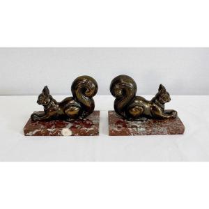 Pair Of “squirrels” Bookends In Golden Metal – 1920