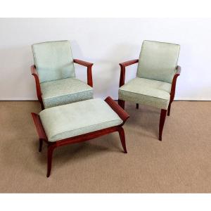 3 Piece Set, Pair Of Art Deco Bridge Armchairs And Stool - 1940s