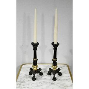 Pair Of Bronze Candlesticks, Restoration Period - Early Nineteenth