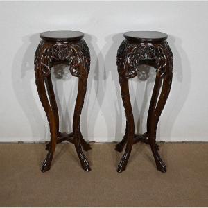 Pair Of Large Asian Rosewood Sellettes - Twentieth