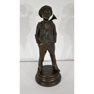 Bronze "the Child At The Bugle", By J. Rousseau - Early Twentieth