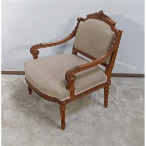 Low Armchair In Solid Walnut, Louis XVI Style - Late Nineteenth