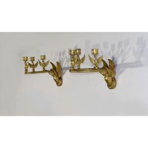 Pair Of Gilt Bronze Candle Holders, Empire - Early 19th Century