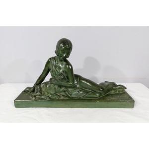 Sculpture «  La Demoiselle Et Le Chevreau », Par A. Godard, Art Déco  – Début XXe