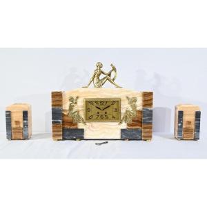 Onyx And Bronze Fireplace Set, Stamped A. Gapaillard, Art Deco – 1920