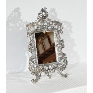 Small Table Mirror In Silvered Bronze, Rocaille Style – Late 19th Century