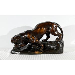 Patinated Terracotta Sculpture “tiger On The Lookout”, Signed T.cartier – Early 20th Century