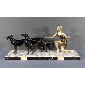 Woman With Greyhounds In Patinated Metal, Art Deco - 1930