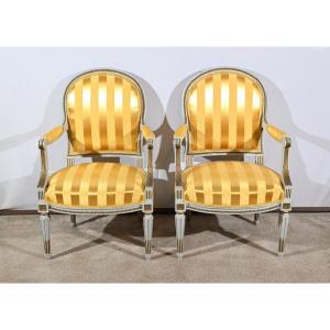 Pair Of Cabriolet Armchairs, In Retouched Wood, Louis XVI Style – Late 19th Century