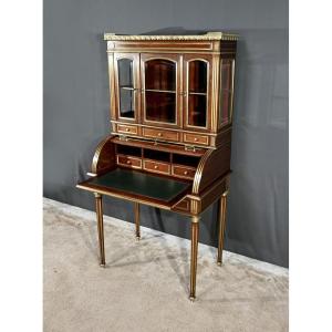 Rare Small Cylinder Desk And Display Cabinet, In Mahogany, Louis XVI Style – Mid 19th Century