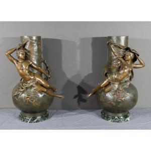 Pair Of Spelter Vases, Signed L. Moreau – Late 19th Century