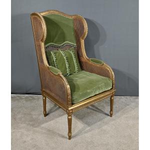 Important Gilded Wood Bergère With Caned Ears, Louis XVI Style – 1900