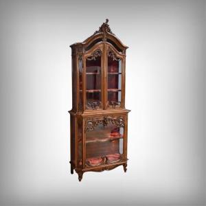 Liège Two-part Display Case In Walnut, Rocaille Style, Belgium – Late 19th Century