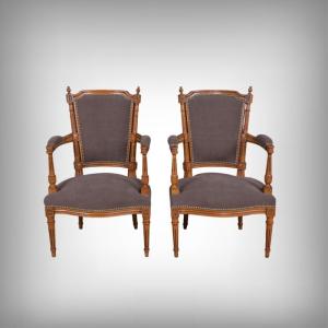 Pair Of Stained Beech Armchairs, Louis XVI Style – 1950