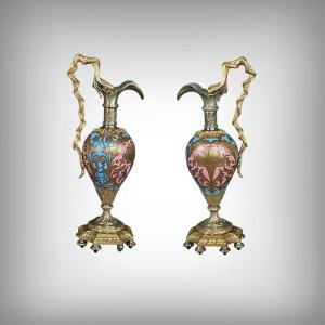 Pair Of Bronze & Cloisonné Enamel Ewers, Napoleon III Period – Mid-19th Century