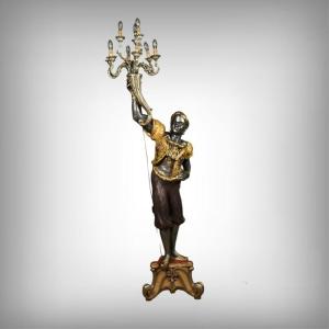 Nubian Torch Holder In Polychrome Wood, Venetian Style – First Half Of The 20th Century