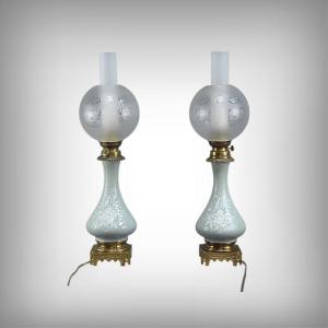 Pair Of Celadon Electrified Oil Lamps, Napoleon III Period – Second Half Of The 19th Century