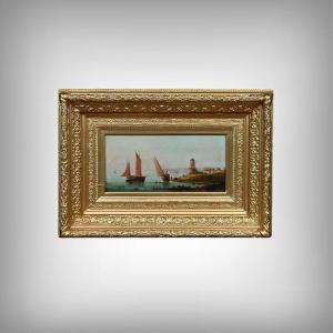 Painting "sailboats On The Mediterranean", Oil On Panel, French School, 19th Century