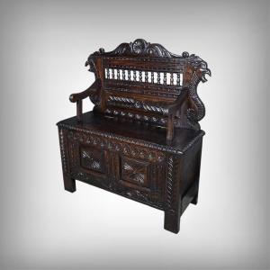 Oak Storage Bench, Neo-gothic Style – Early 20th Century