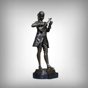 Bronze Sculpture "mozart Tuning His Violin" – 20th Century