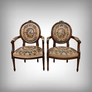 Pair Of Beech Armchairs, Louis XVI Style - Early 20th Century