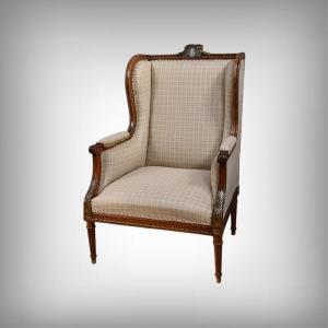 Armchair Bergère à Oreilles In Walnut, Louis XVI Style - Late 19th Century