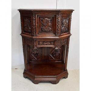 Cabinet In Solid Walnut, Gothic Taste - Renaissance - Late 19th Century