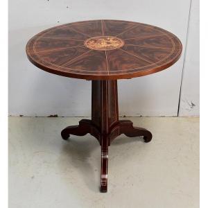 Pedestal Table In Mahogany Burl Veneer And Marquetry, Charles X Period - Early 19th Century