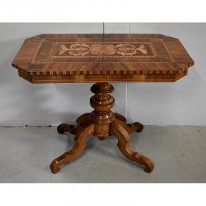 Inlaid Pedestal Table, In Walnut And Light Wood - 2nd Part Of The Nineteenth