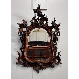 Rocaille Mirror In Solid Walnut, Louis XV Style - 1900 Period